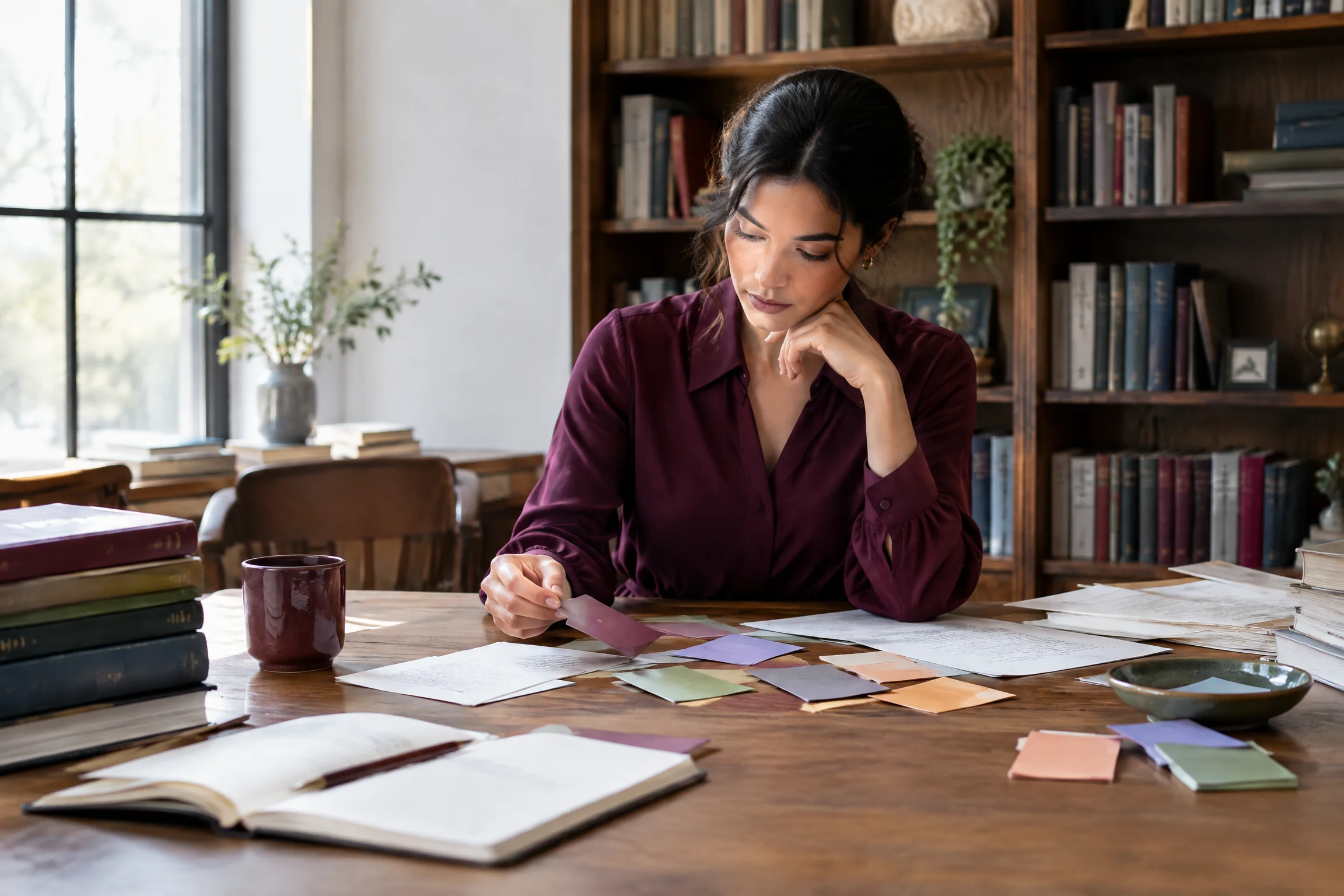 Researcher reading evidence cards at a desk