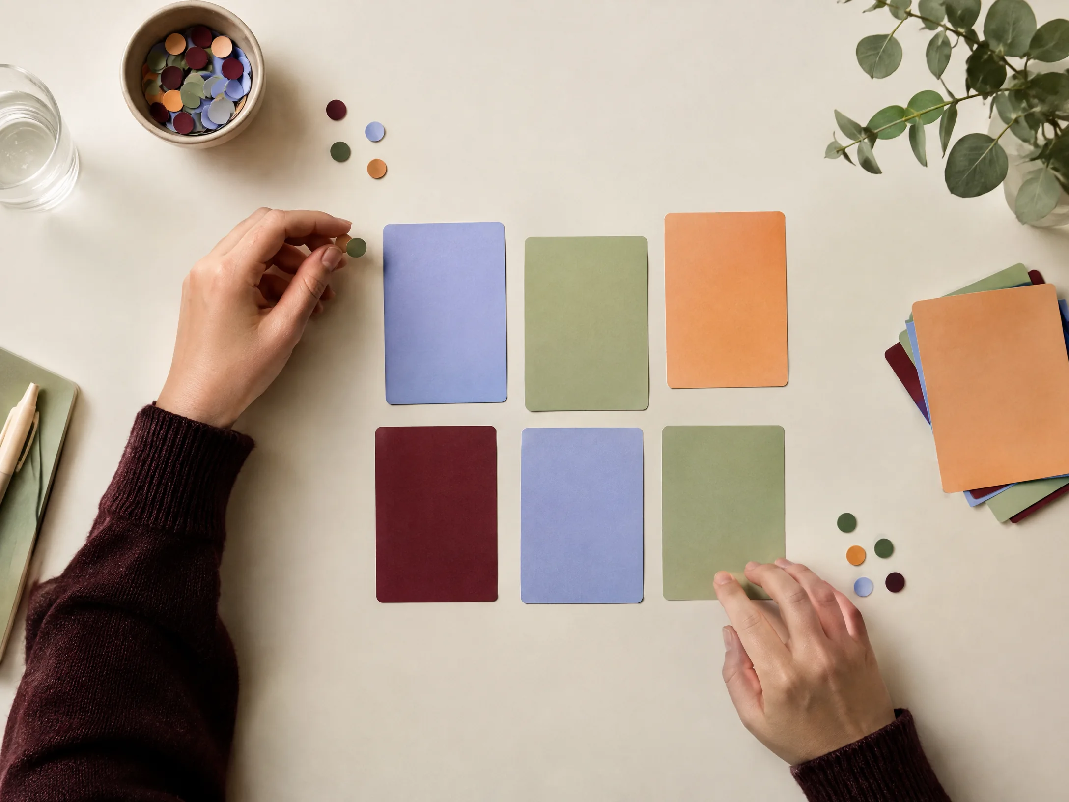 Hands arranging blank decision cards